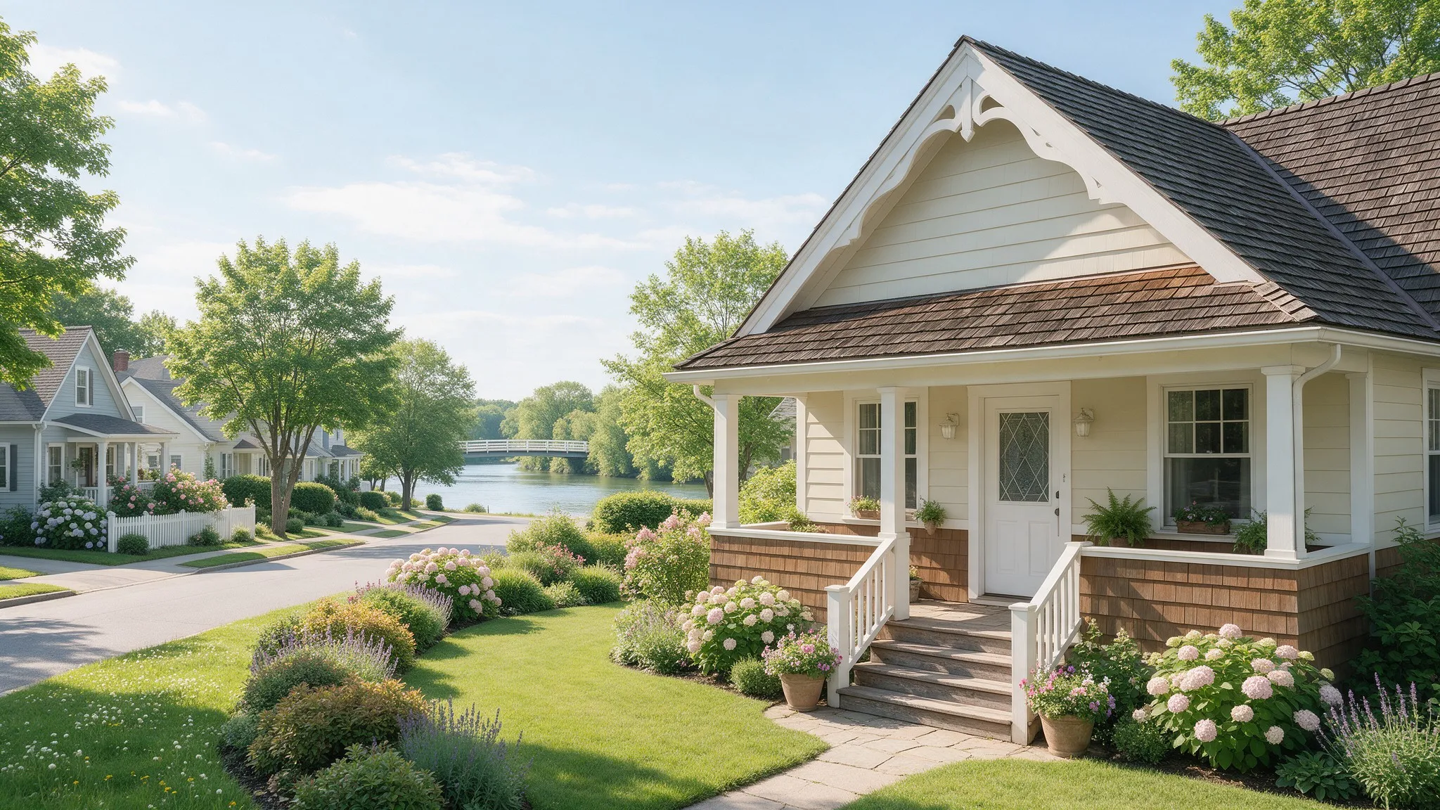 Tidy light blue single-story home with a neat lawn on a quiet residential street