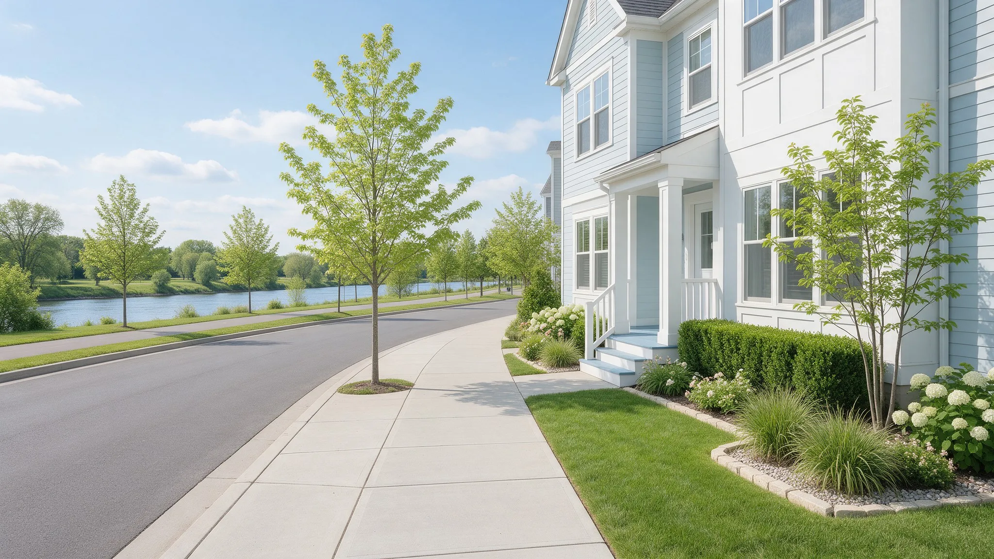 Tidy light blue single-story home with a neat lawn on a quiet residential street