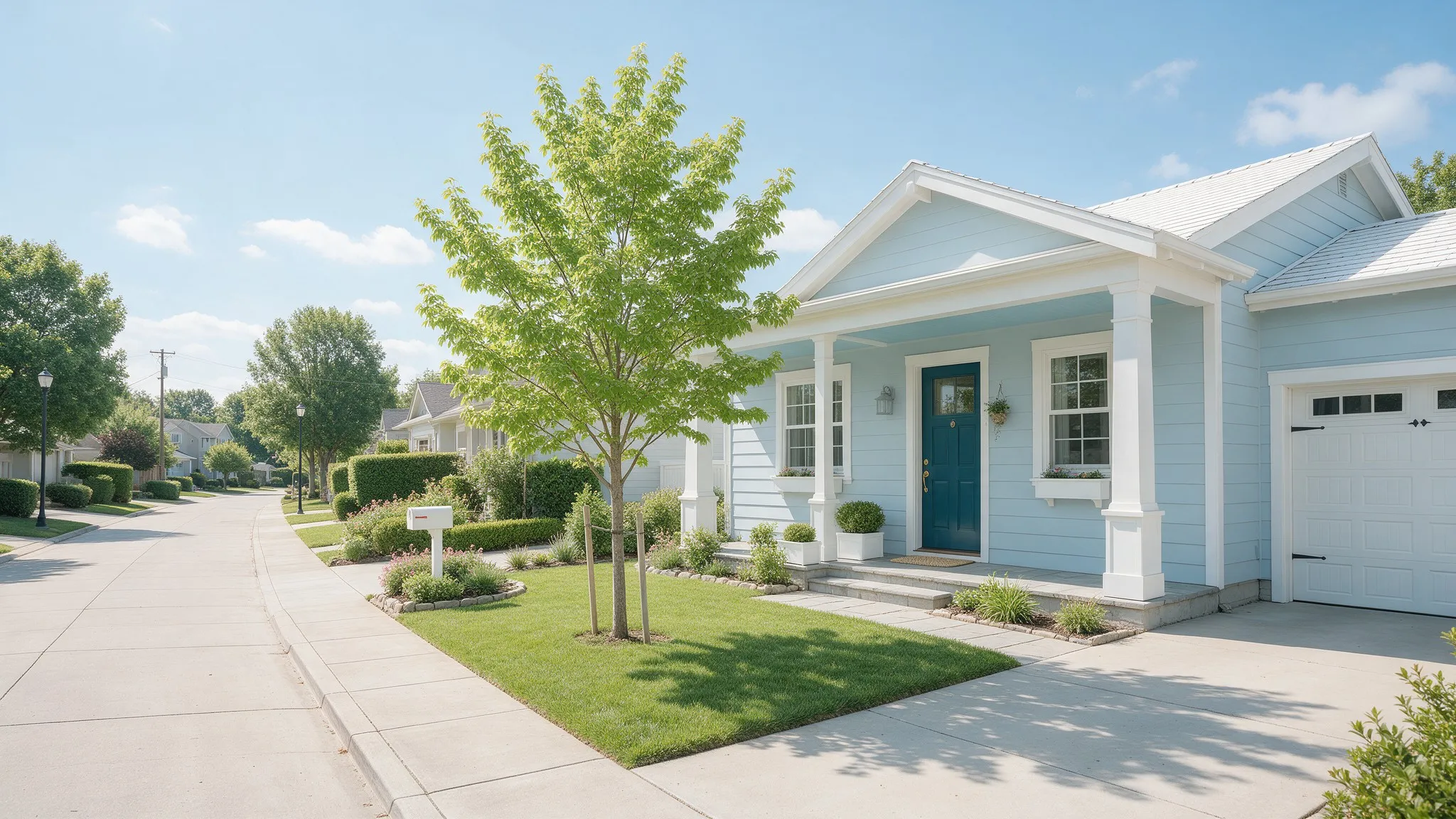 Tidy light blue single-story home with a neat lawn on a quiet residential street