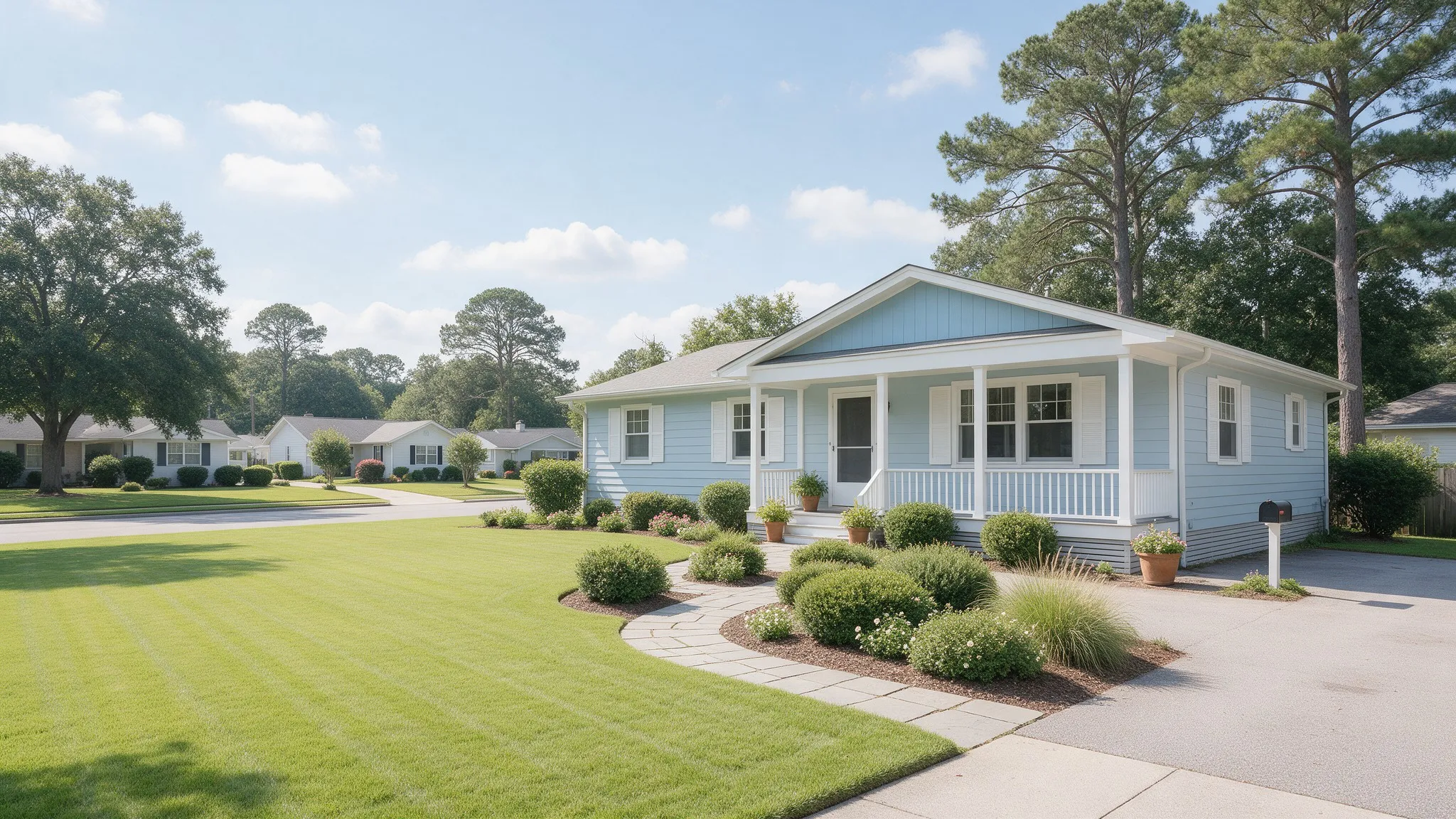 Tidy light blue single-story home with a neat lawn on a quiet residential street