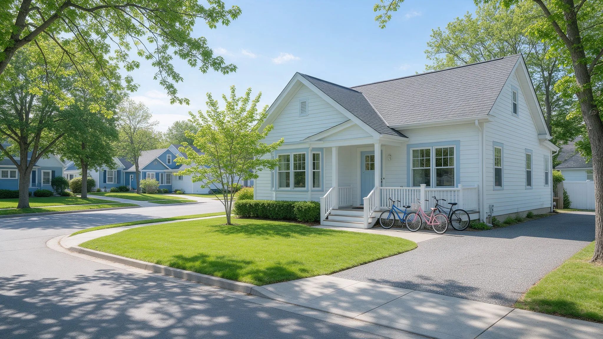 Tidy light blue single-story home with a neat lawn on a quiet residential street
