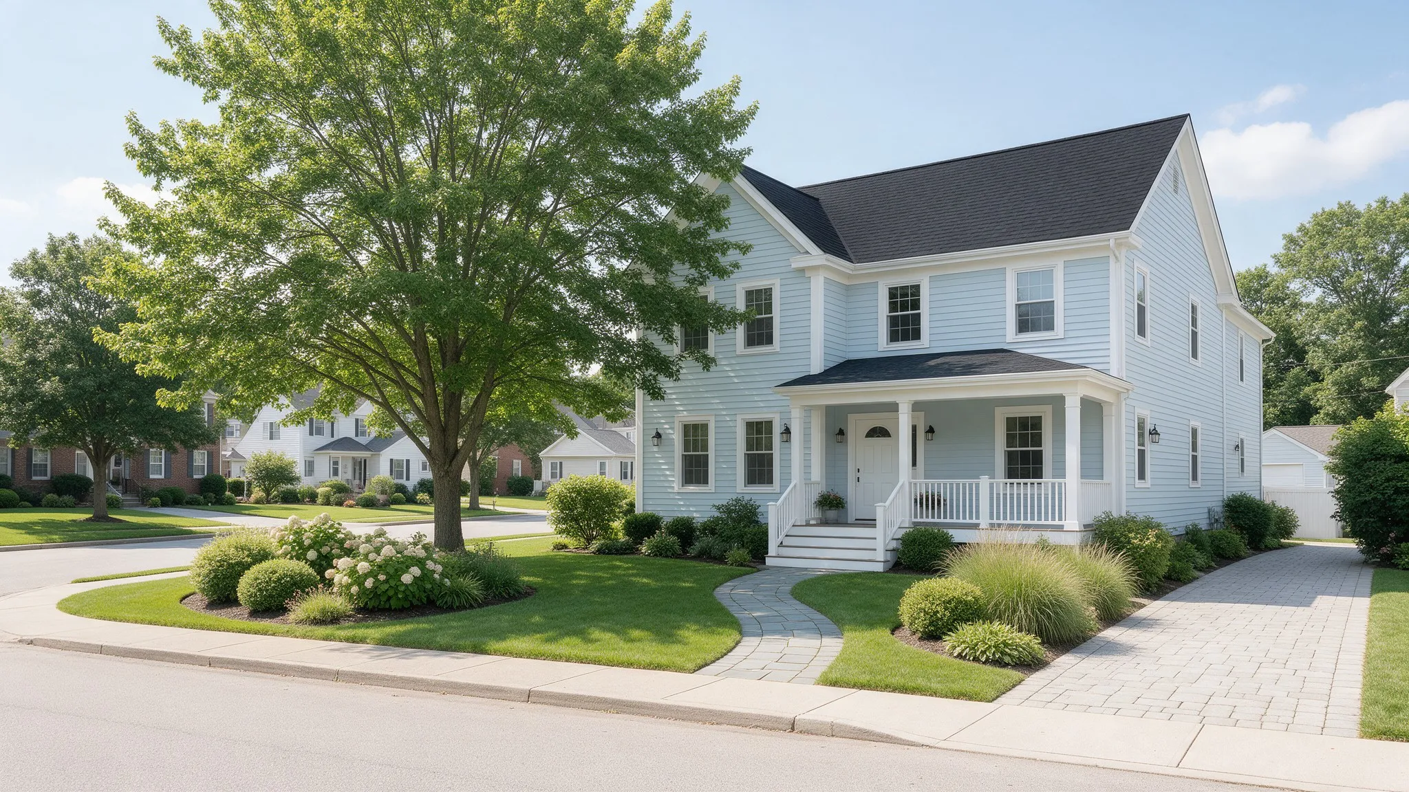 Tidy light blue single-story home with a neat lawn on a quiet residential street