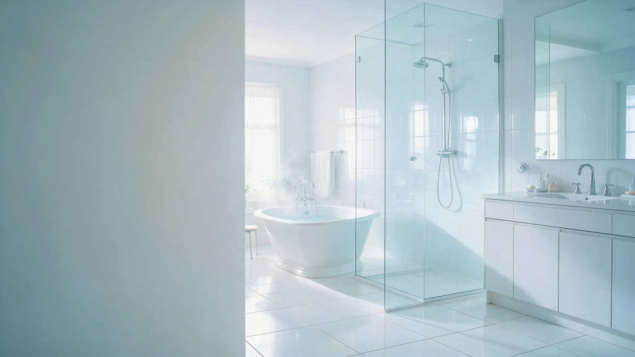 Bright, spotless bathroom with a glass shower and white tile