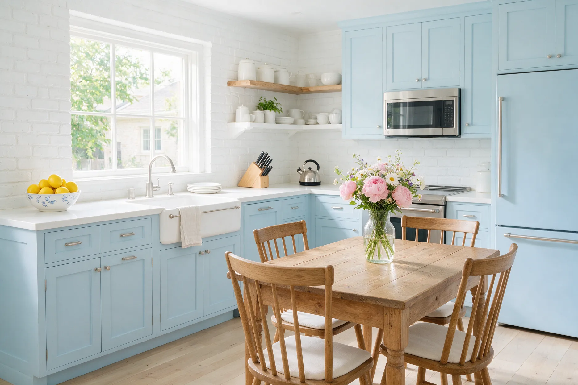 Bright, tidy kitchen and dining area with a bowl of lemons and fresh flowers