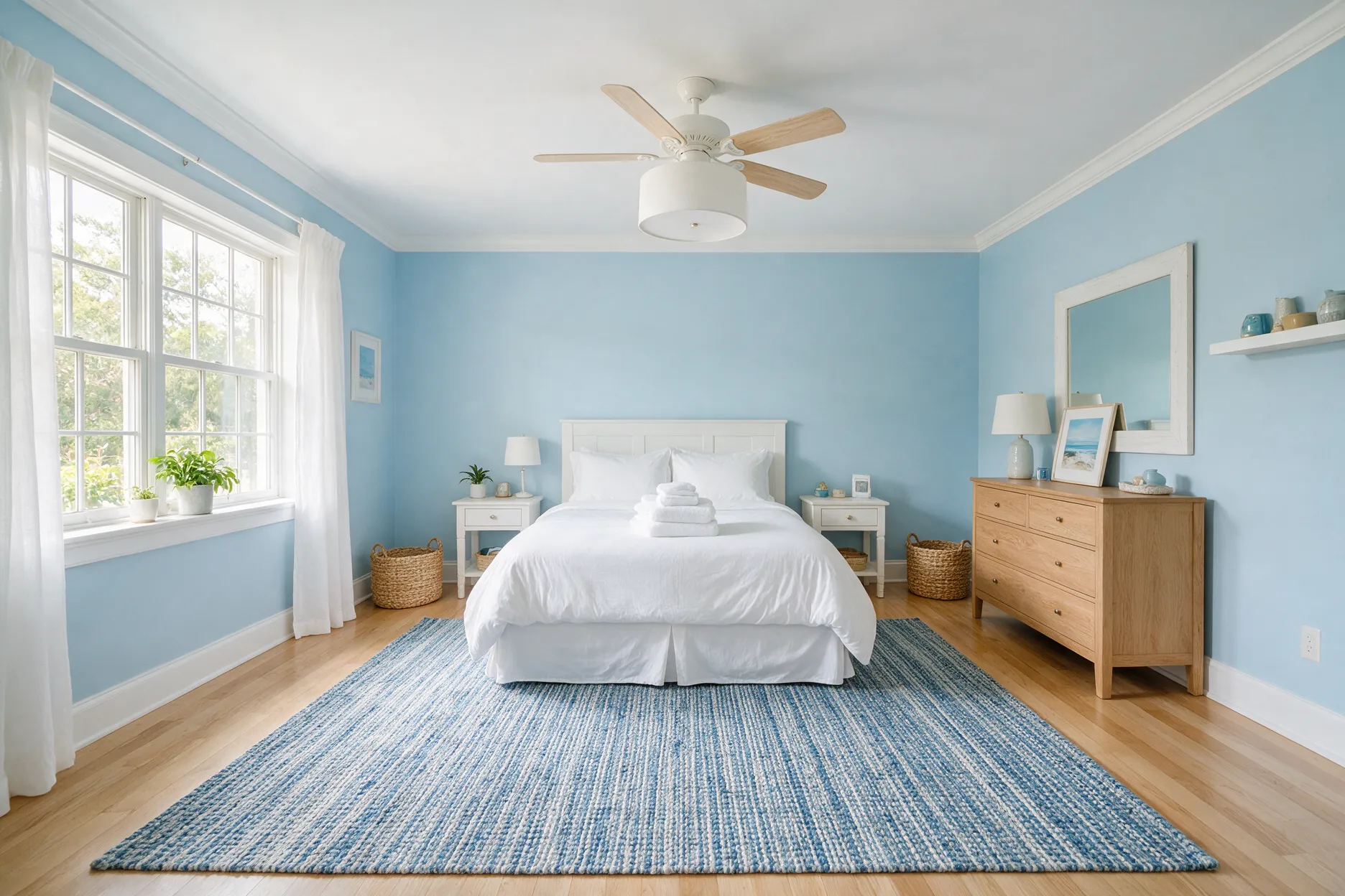 Freshly cleaned bedroom with a made bed, folded towels, and a blue rug, ready for the next guest