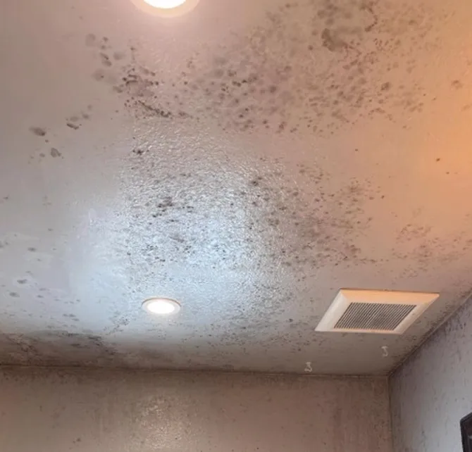 Bathroom ceiling covered in dark spots and buildup before cleaning