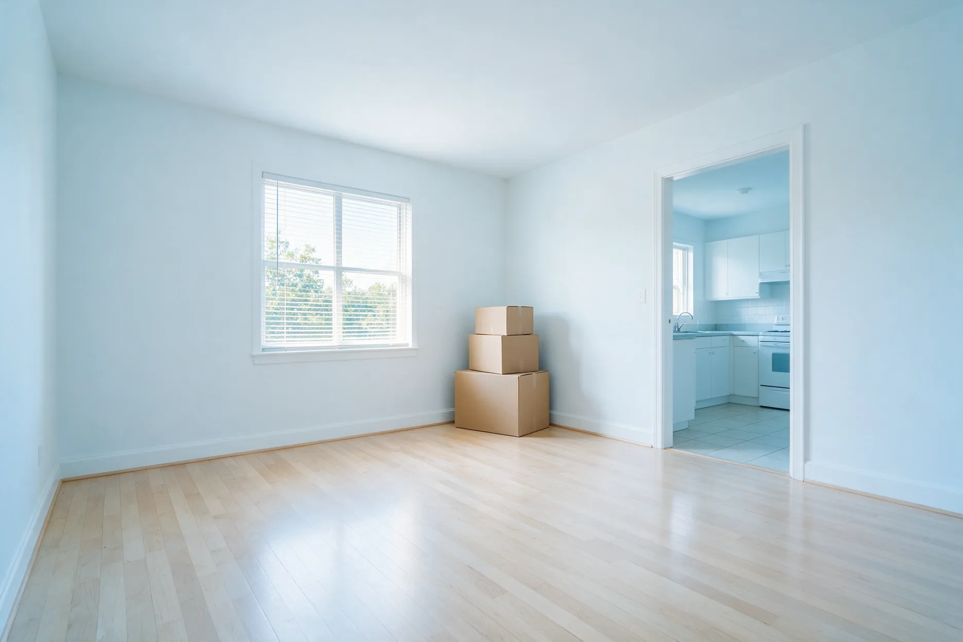 Empty, freshly cleaned apartment room with a polished wood floor and a few moving boxes, ready for the next tenant