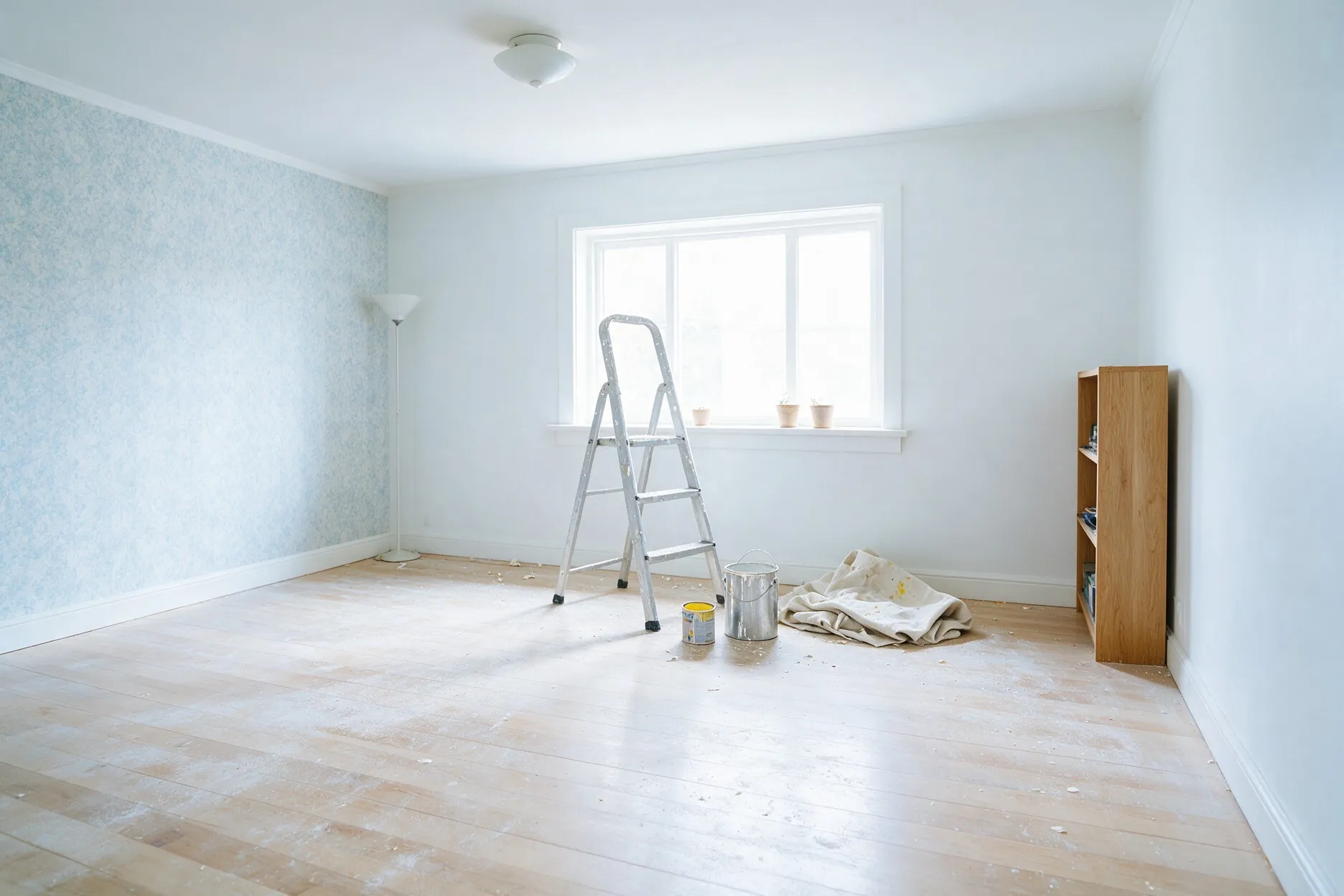 Newly remodeled room with a stepladder, a paint can, and a drop cloth on a dusty new wood floor, ready for cleanup