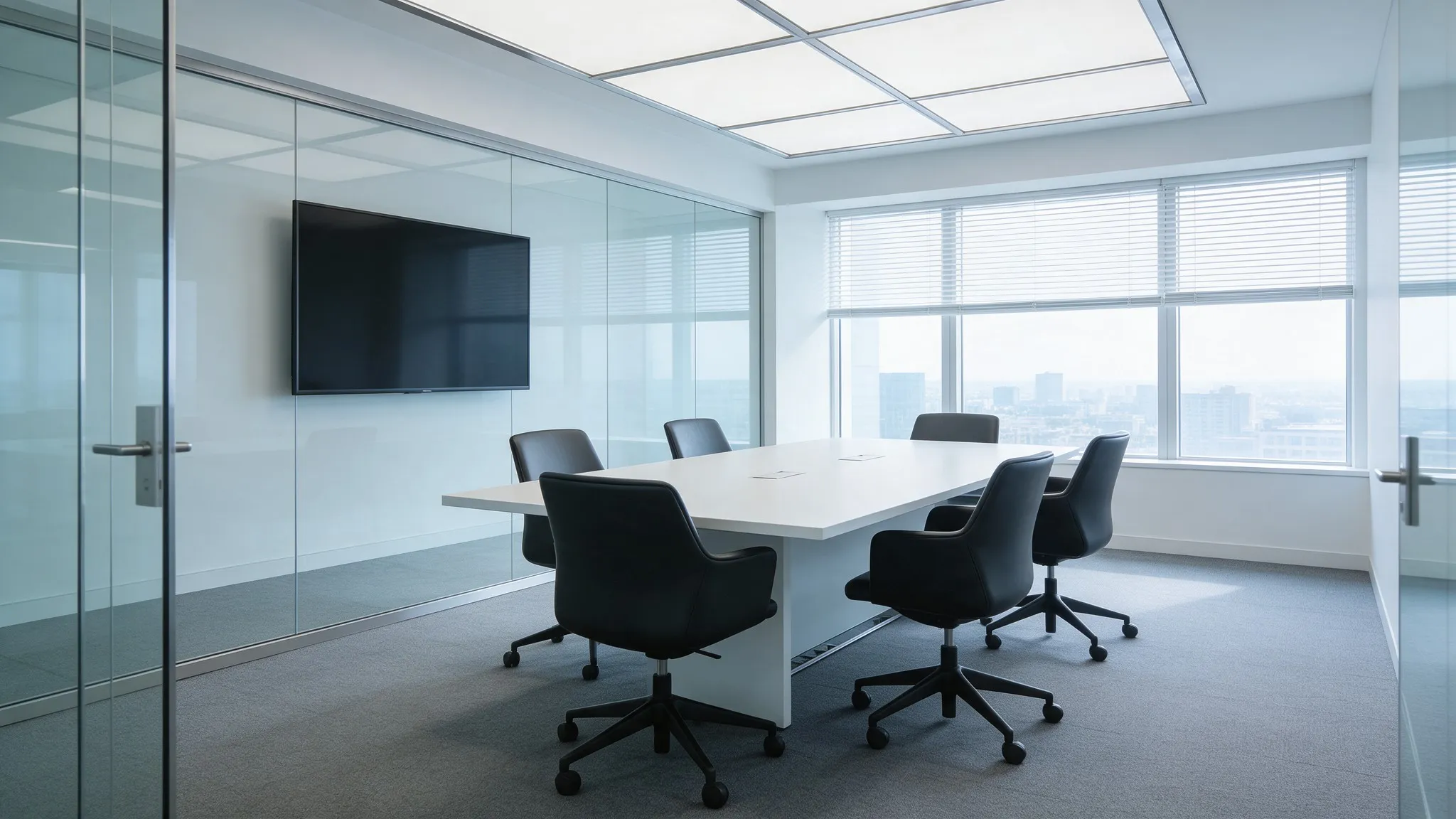 Clean modern meeting room with a white conference table, black office chairs, a wall-mounted screen, and city views